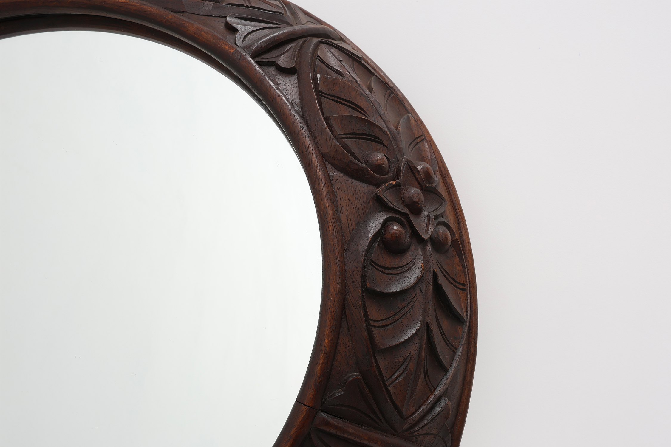 Large oak rustic wall mirror with floral carvings, France 1900sthumbnail